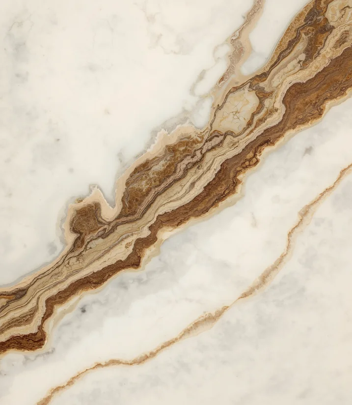 Ambaji White Brown Shade marble texture with a bold brown vein across a white base