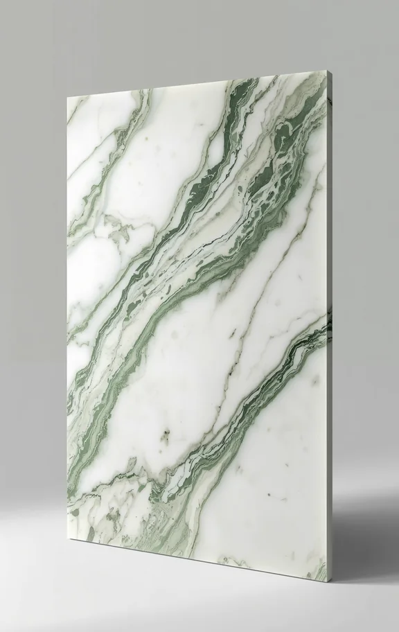 A polished slab of Ambaji White Green Shade marble standing upright